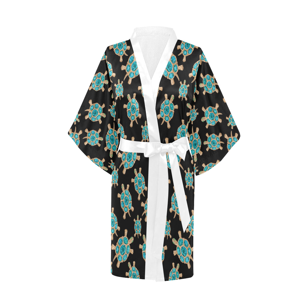 Sea turtle blue stone pattern Women's Short Kimono Robe