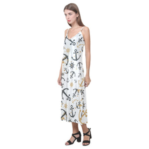 Anchors Rudders pattern V-Neck Open Fork Long Dress