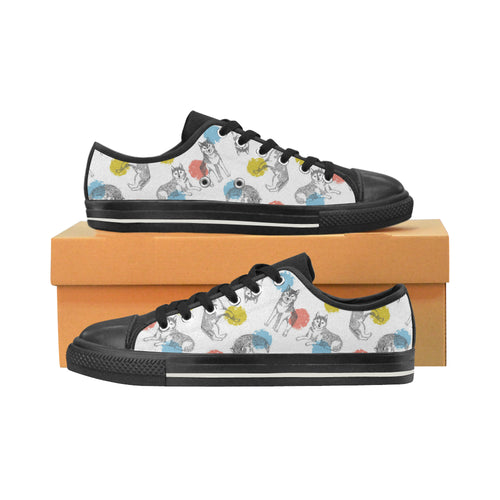 Siberian husky and colorful circle pattern Women's Low Top Canvas Shoes Black