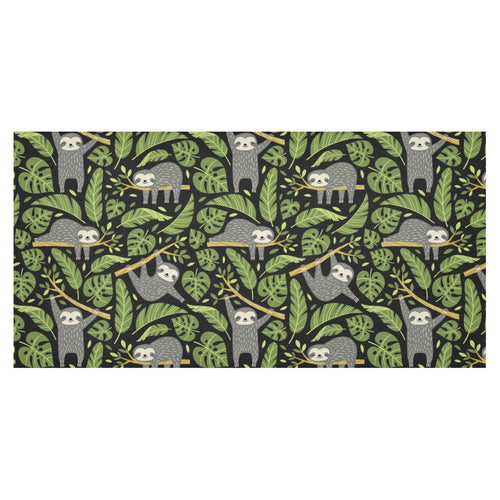 Cute sloths tropical palm leaves black background Tablecloth