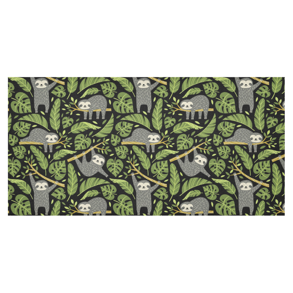 Cute sloths tropical palm leaves black background Tablecloth