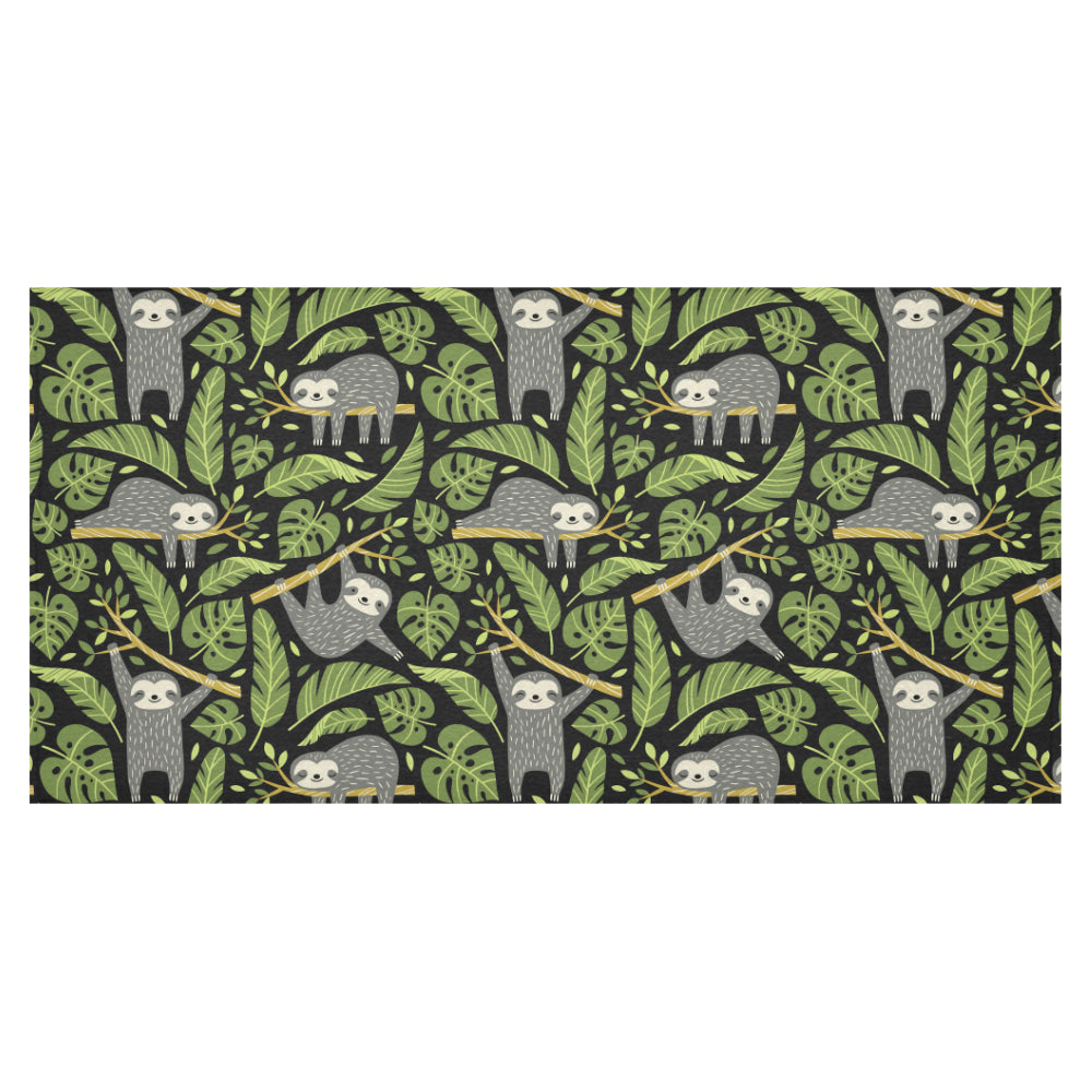 Cute sloths tropical palm leaves black background Tablecloth