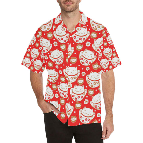 Cute Maneki neko cat red background Men's All Over Print Hawaiian Shirt