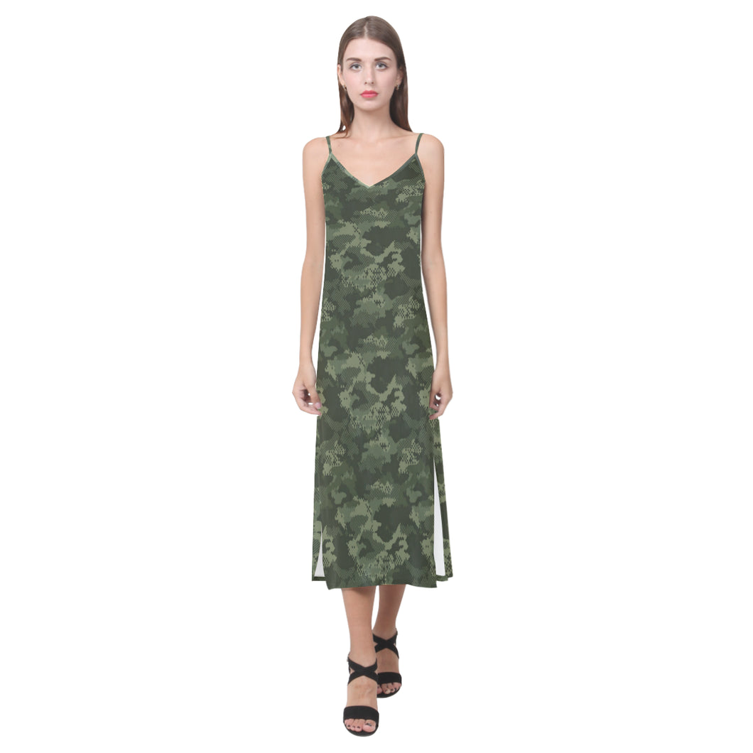 Digital Green camouflage pattern V-Neck Open Fork Long Dress
