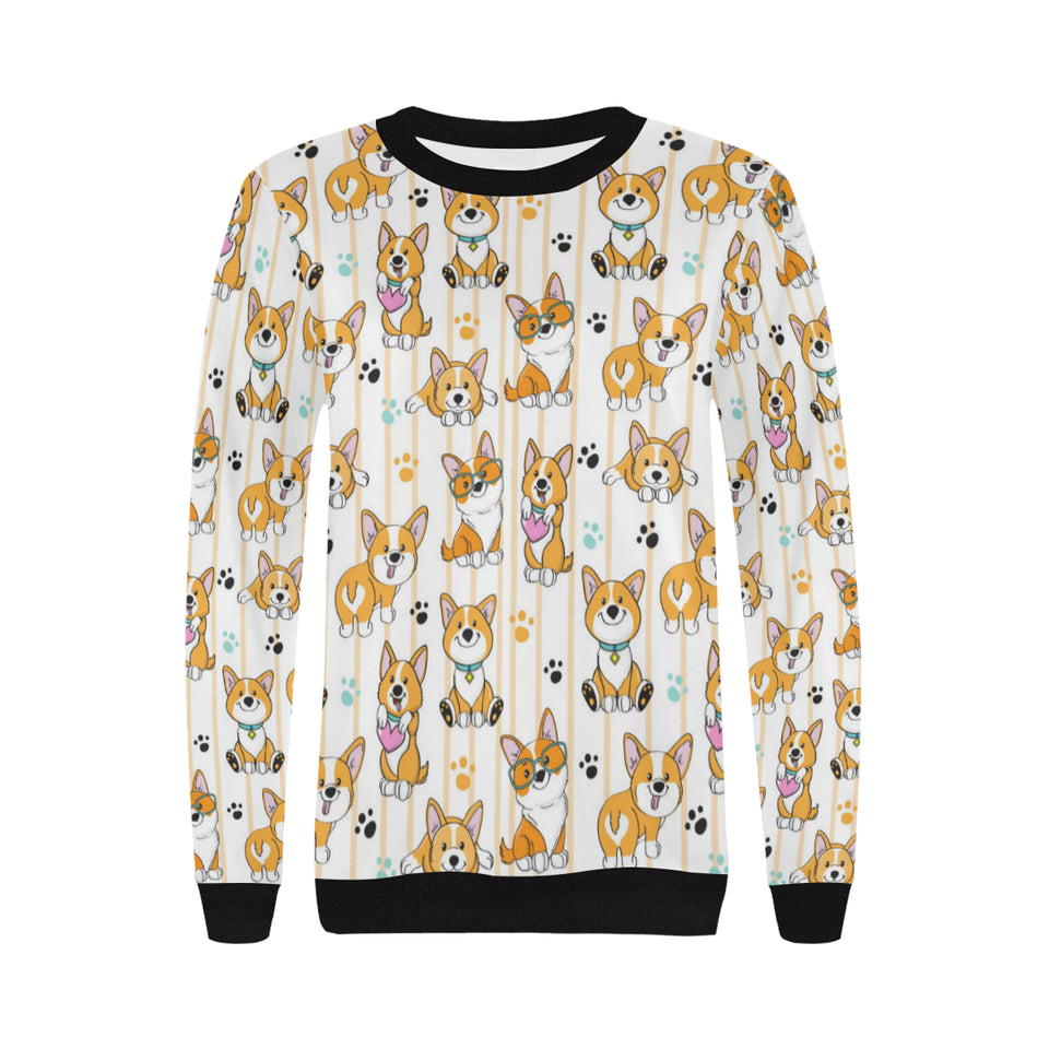 Cute dog corgi striped background pattern Women's Crew Neck Sweatshirt