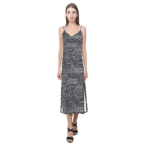 Handwritten cheese pattern V-Neck Open Fork Long Dress