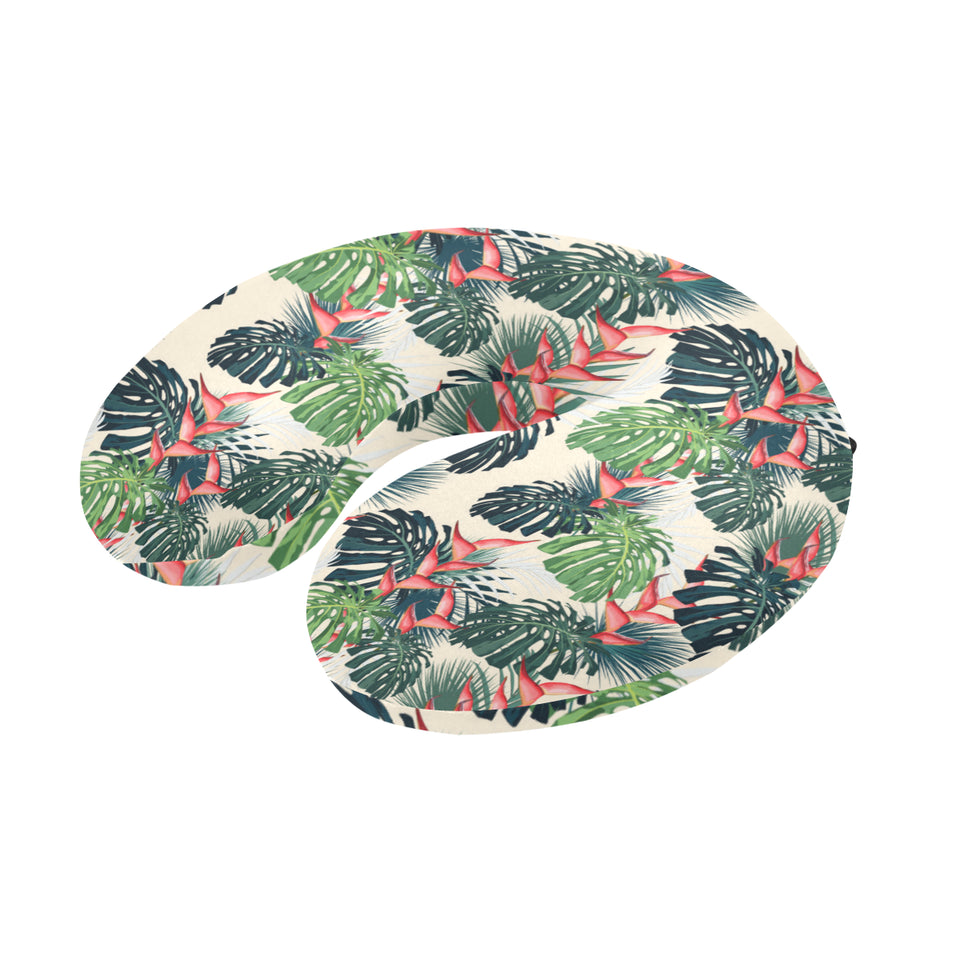 heliconia flowers, palm and monstera leaves U-Shaped Travel Neck Pillow