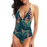 heliconia flowers, palm and monstera leaves on bla Women's One-Piece Swimsuit