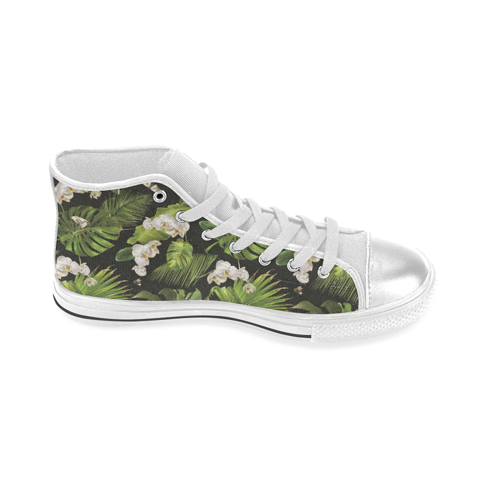 White orchid flower tropical leaves pattern blackg Women's High Top Canvas Shoes White