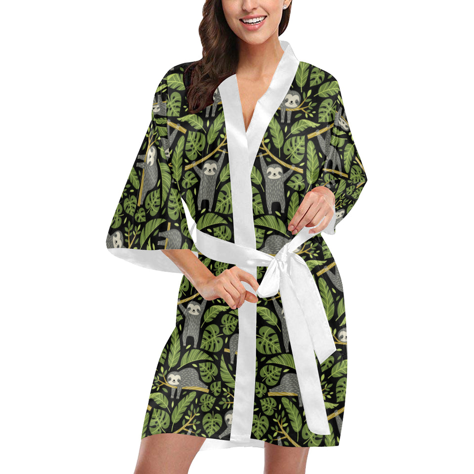 Cute sloths tropical palm leaves black background Women's Short Kimono Robe