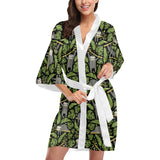 Cute sloths tropical palm leaves black background Women's Short Kimono Robe