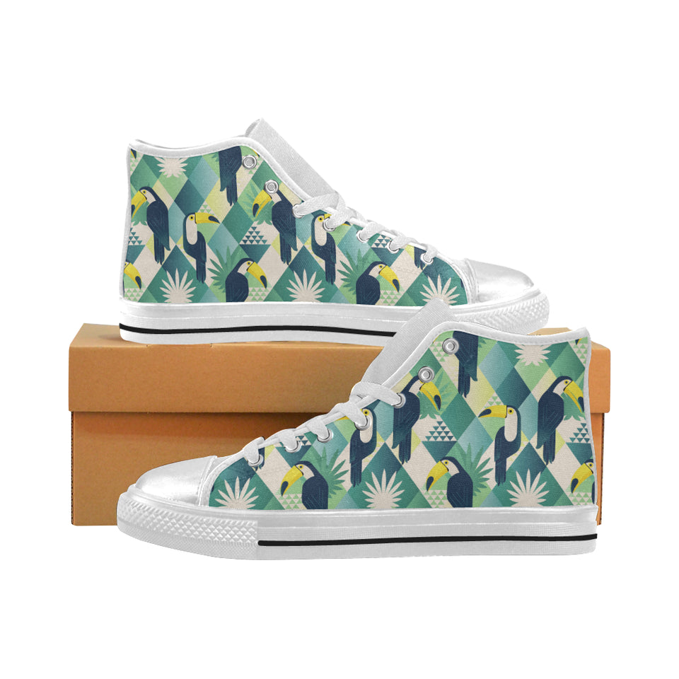 Toucan tropical leaves design pattern Women's High Top Canvas Shoes White