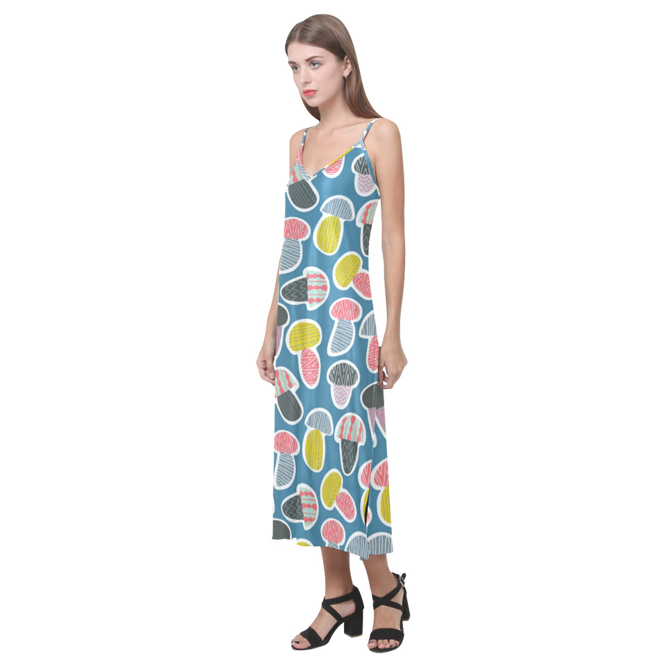 Colorful mushroom design pattern V-Neck Open Fork Long Dress