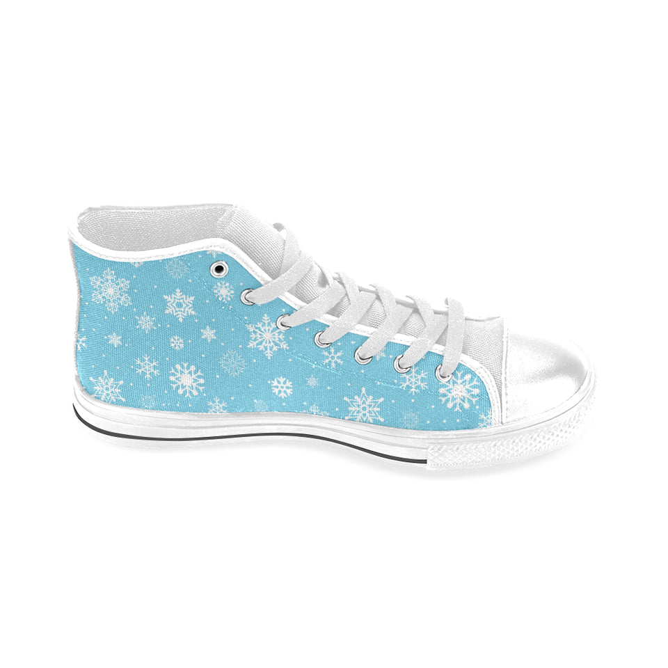 Snowflake pattern blue background Men's High Top Canvas Shoes White