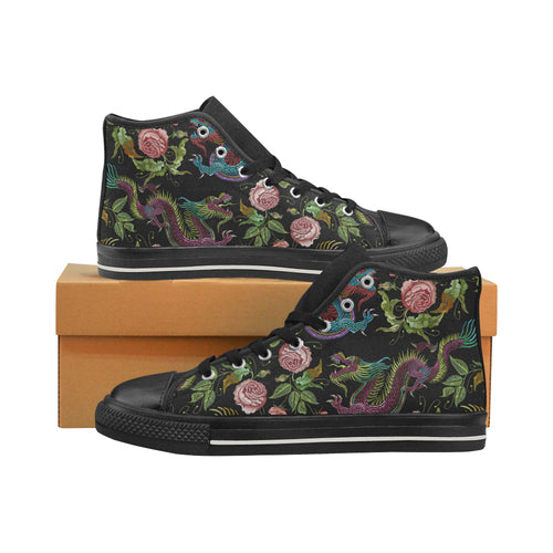 Dragons flower pattern Women's High Top Canvas Shoes Black