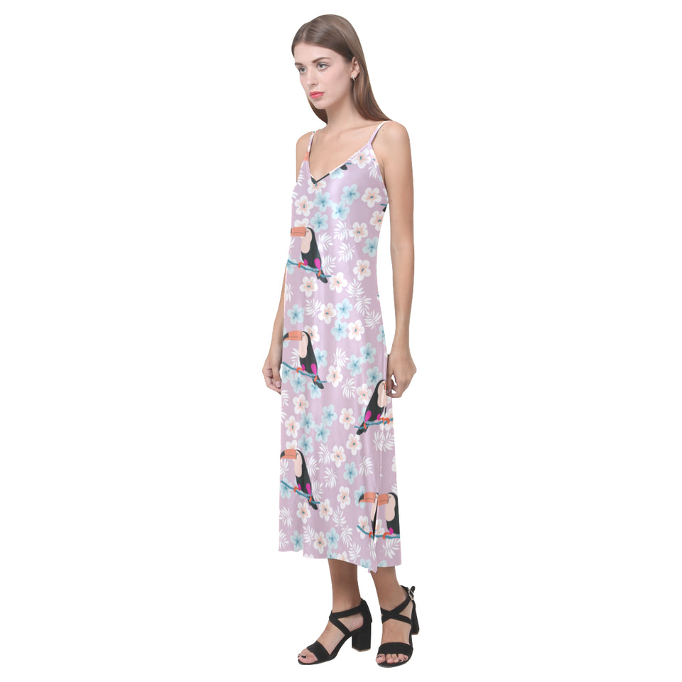 Beautiful toucan flower leaves V-Neck Open Fork Long Dress