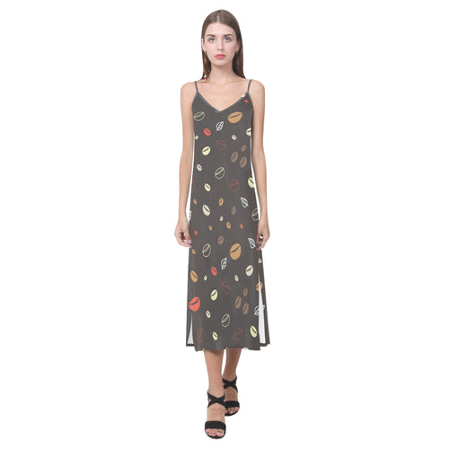 Coffee bean leave pattern V-Neck Open Fork Long Dress