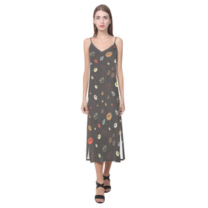 Coffee bean leave pattern V-Neck Open Fork Long Dress