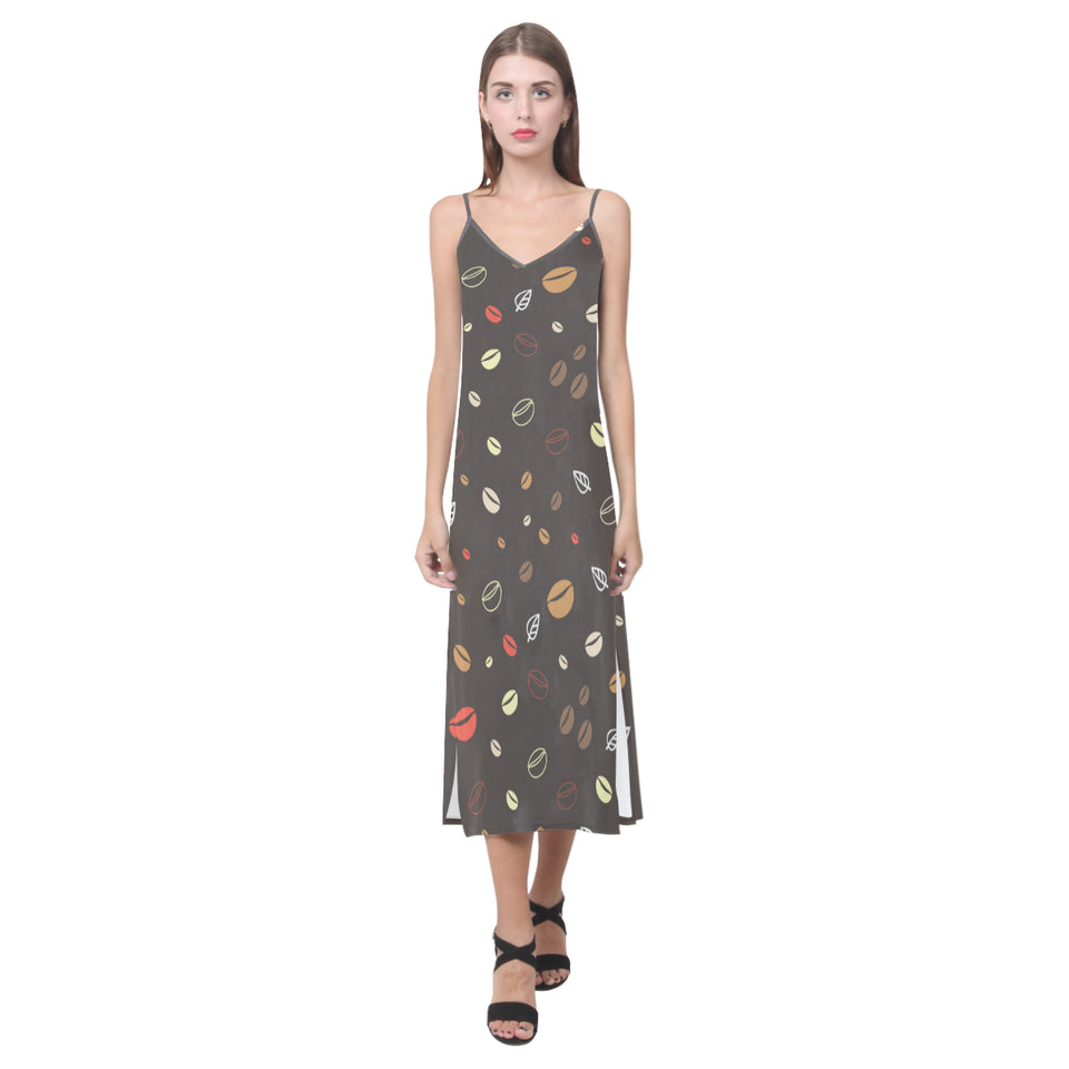 Coffee bean leave pattern V-Neck Open Fork Long Dress