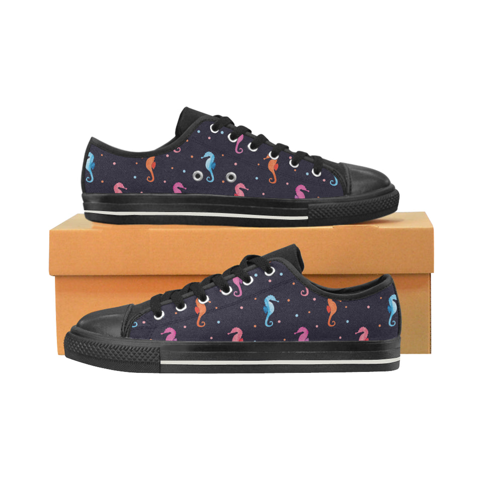 Watercolor colorful seahorse pattern Women's Low Top Canvas Shoes Black