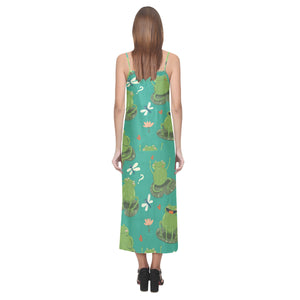 Cute frog dragonfly design pattern V-Neck Open Fork Long Dress