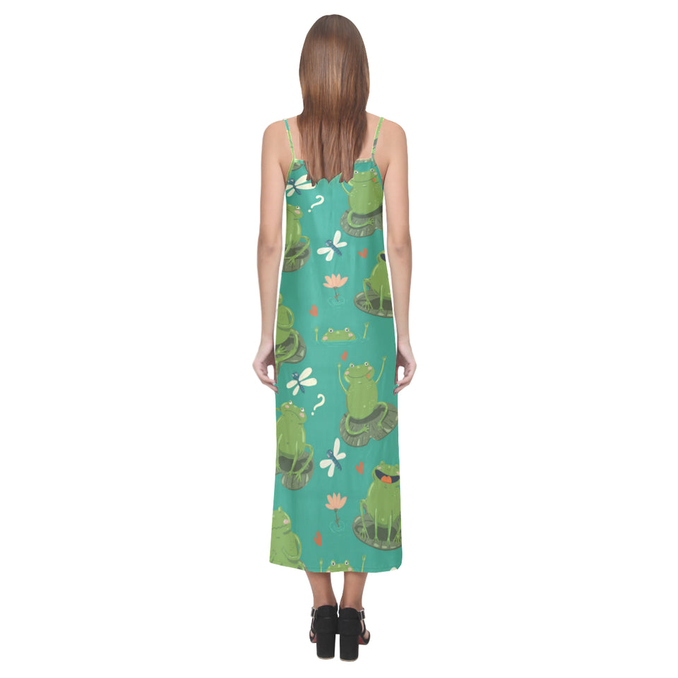 Cute frog dragonfly design pattern V-Neck Open Fork Long Dress