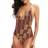 Hand drawn gold saxophone red background Women's One-Piece Swimsuit