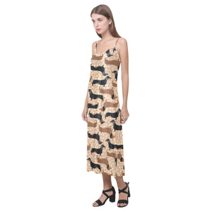 Dachshund floral background V-Neck Open Fork Long Dress