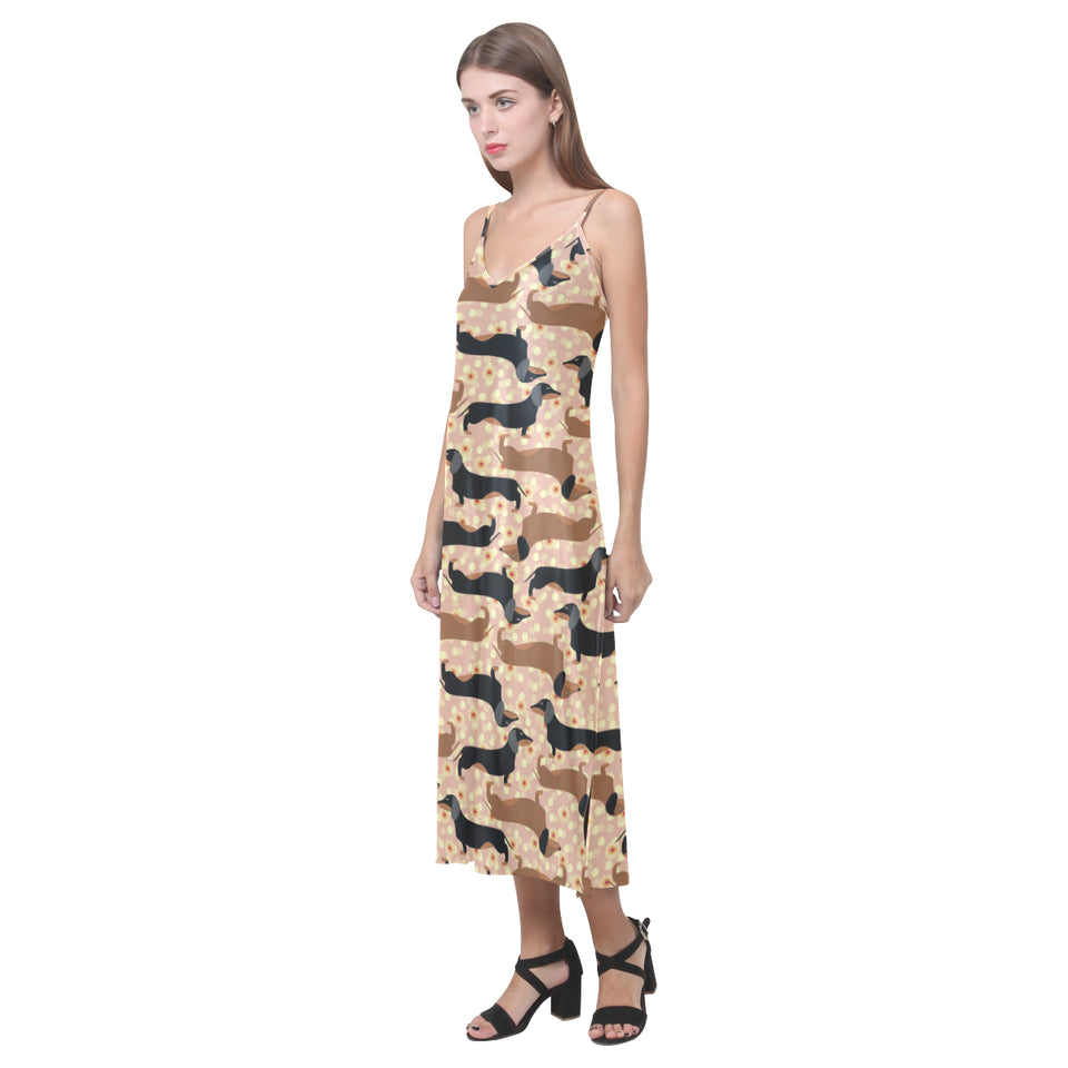 Dachshund floral background V-Neck Open Fork Long Dress