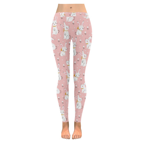 Cute white rabbit flower pink background Women's Legging Fulfilled In US