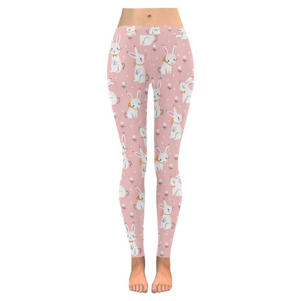 Cute white rabbit flower pink background Women's Legging Fulfilled In US