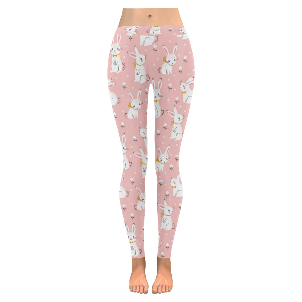 Cute white rabbit flower pink background Women's Legging Fulfilled In US