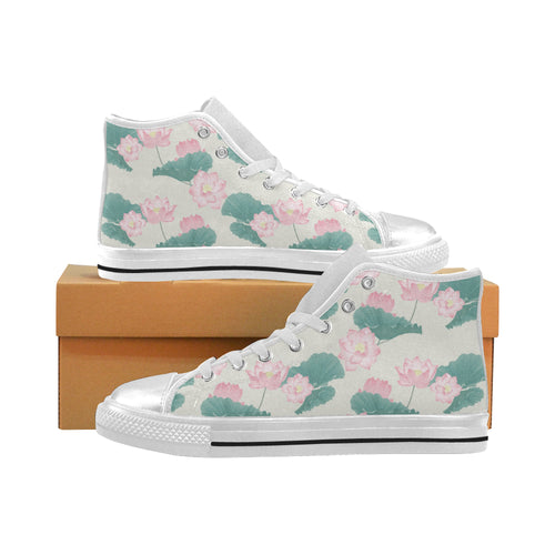 Pink lotus waterlily leaves pattern Women's High Top Canvas Shoes White