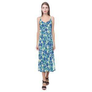 blueberry design pattern V-Neck Open Fork Long Dress