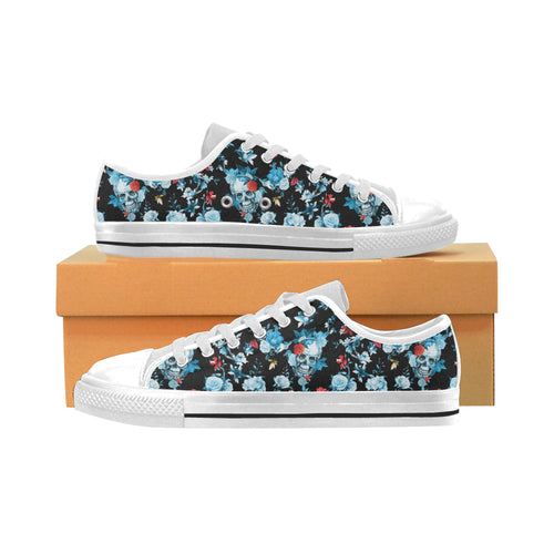 Skull flower roses leave pattern Men's Low Top Shoes White