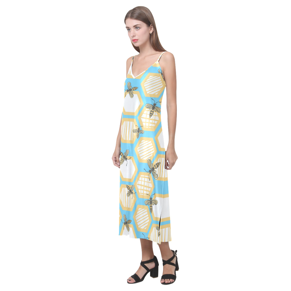 Bee honeycomb pattern V-Neck Open Fork Long Dress