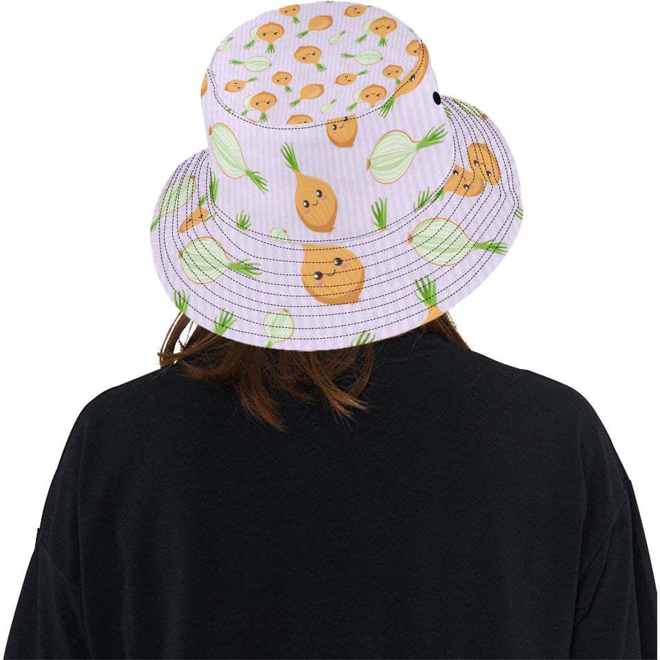 cute onions smiling faces purple background Unisex Bucket Hat