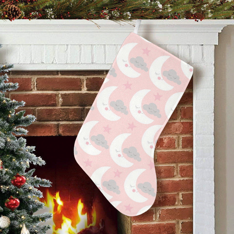 Cute moon cloud star pattern pink dot background Christmas Stocking