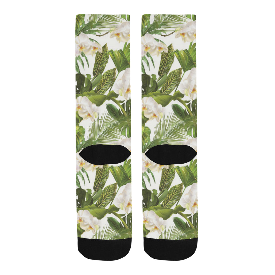 White orchid flower tropical leaves pattern Crew Socks