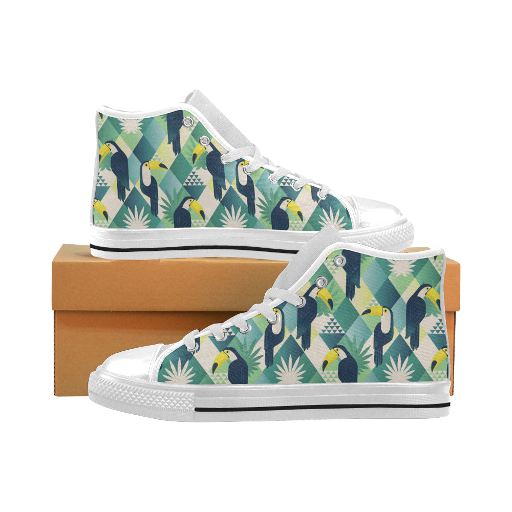 Toucan tropical leaves design pattern Men's High Top Canvas Shoes White