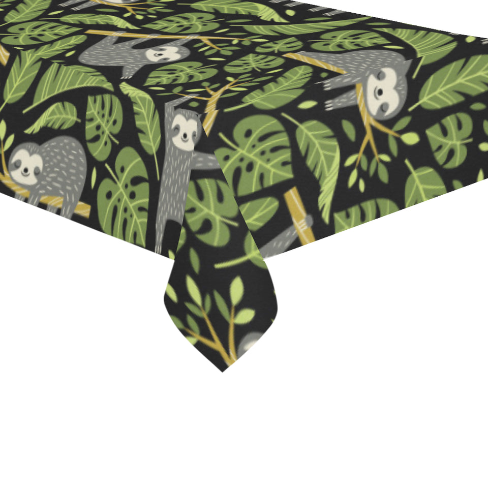 Cute sloths tropical palm leaves black background Tablecloth