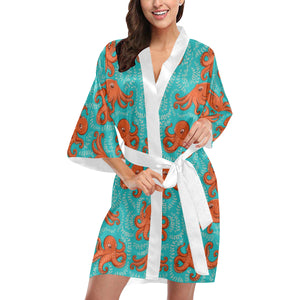 Octopus turquoise background Women's Short Kimono Robe