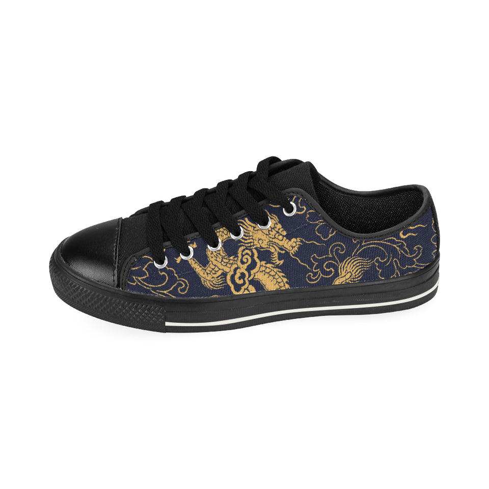 Gold dragon pattern Men's Low Top Canvas Shoes Black