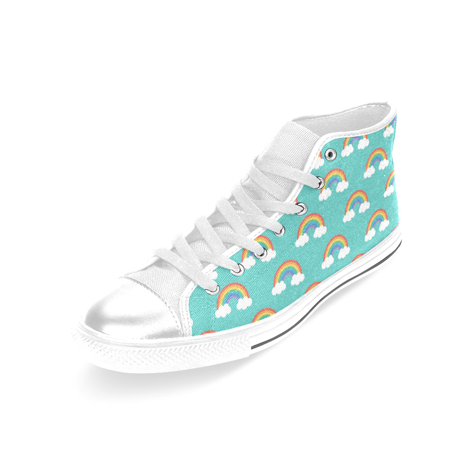 Rainbow pattern green background Women's High Top Canvas Shoes White