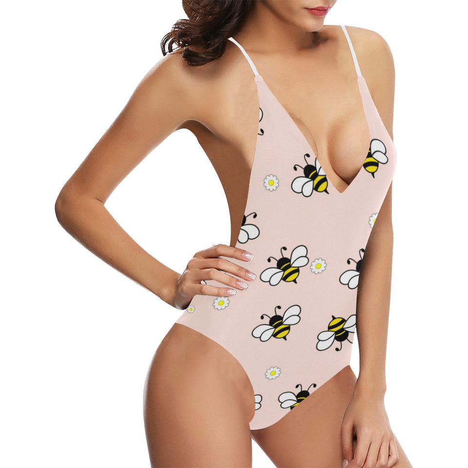 Cute bee flower pattern pink background Women's One-Piece Swimsuit