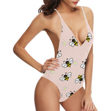 Cute bee flower pattern pink background Women's One-Piece Swimsuit