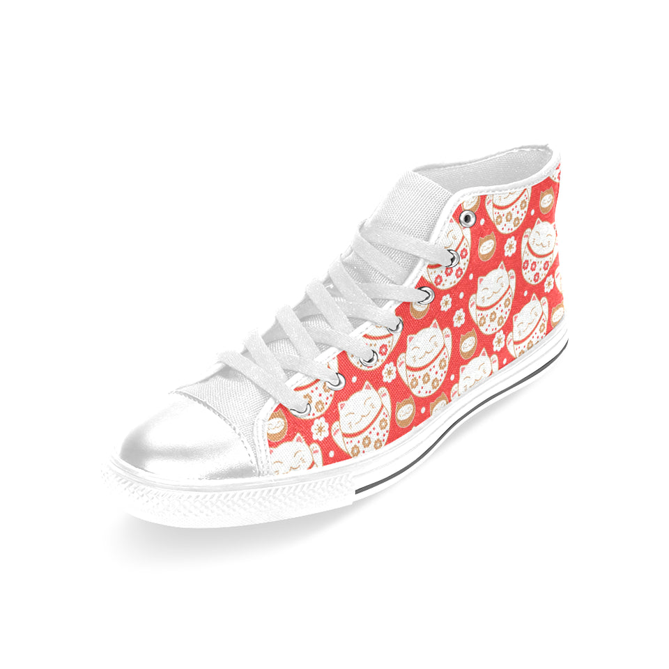 Cute Maneki neko cat red background Women's High Top Canvas Shoes White