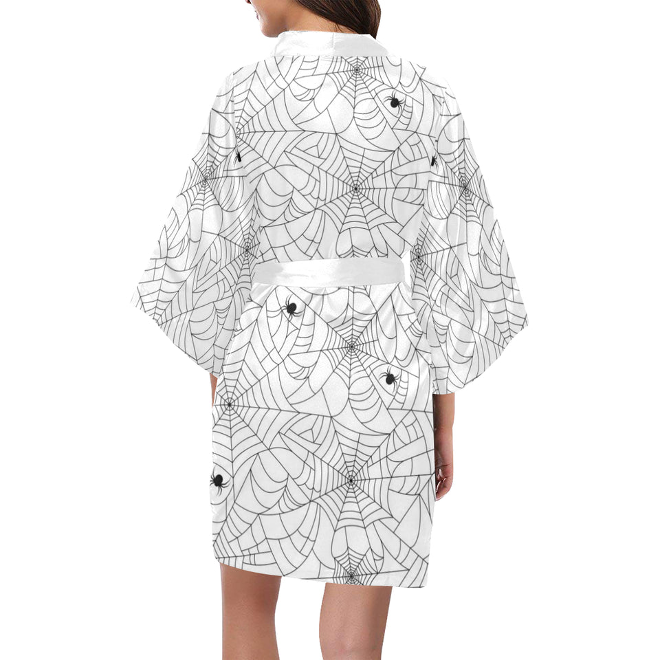 Spider web cobweb pattern white background Women's Short Kimono Robe