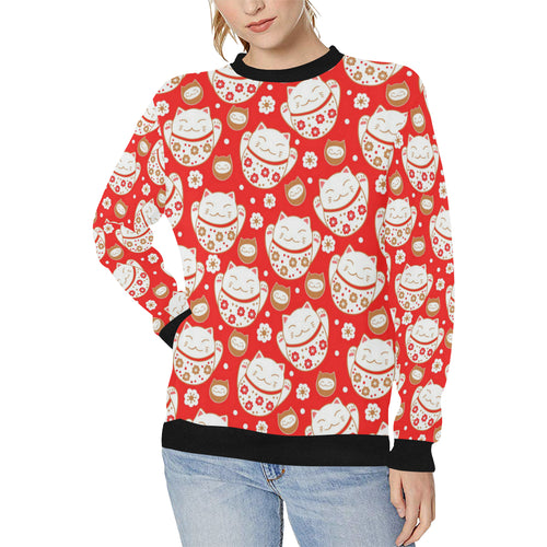 Cute Maneki neko cat red background Women's Crew Neck Sweatshirt