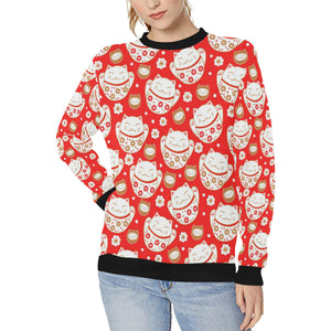 Cute Maneki neko cat red background Women's Crew Neck Sweatshirt